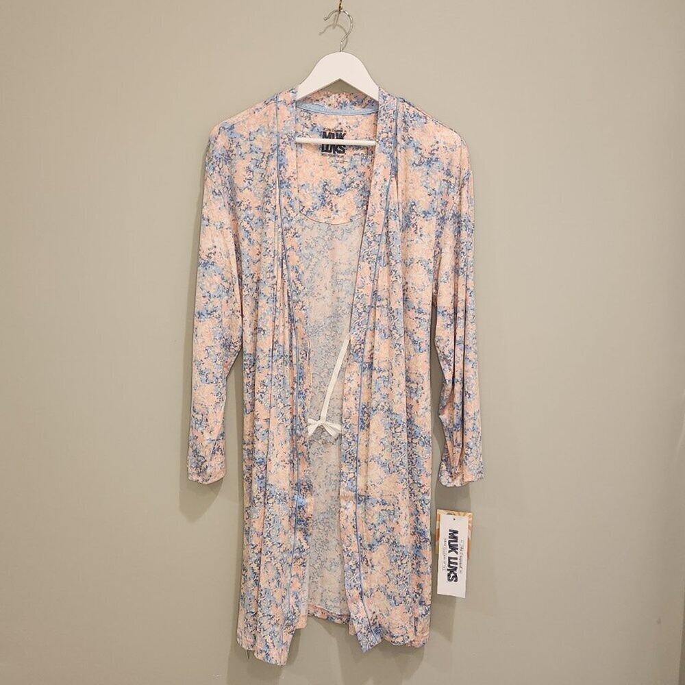 Muk Luks pink blue floral short robe - Size L - Picture 1 of 7